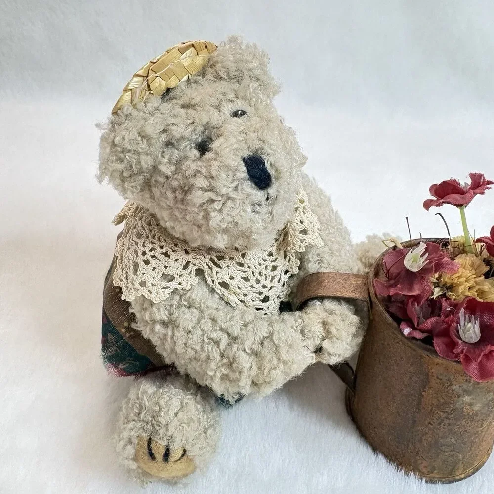 Adorable Vintage Hand Made Small Batch Teddy Bear With Watering Can And Flowers